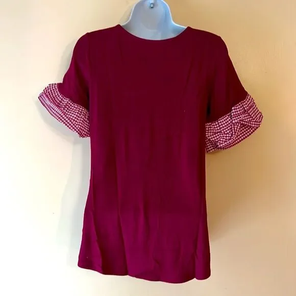 Les Anis Gingham Ruffle Sleeve Burgundy Tshirt Sz S - Picture 3 of 4
